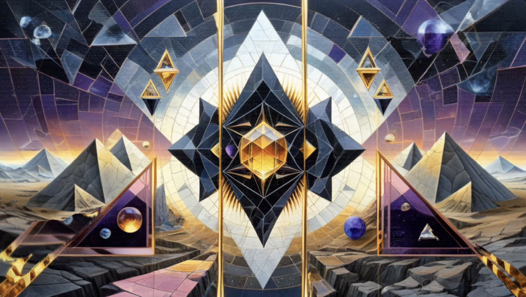psychedelic visuals art for LSD trips with golden sacred geometry over desert pyramids